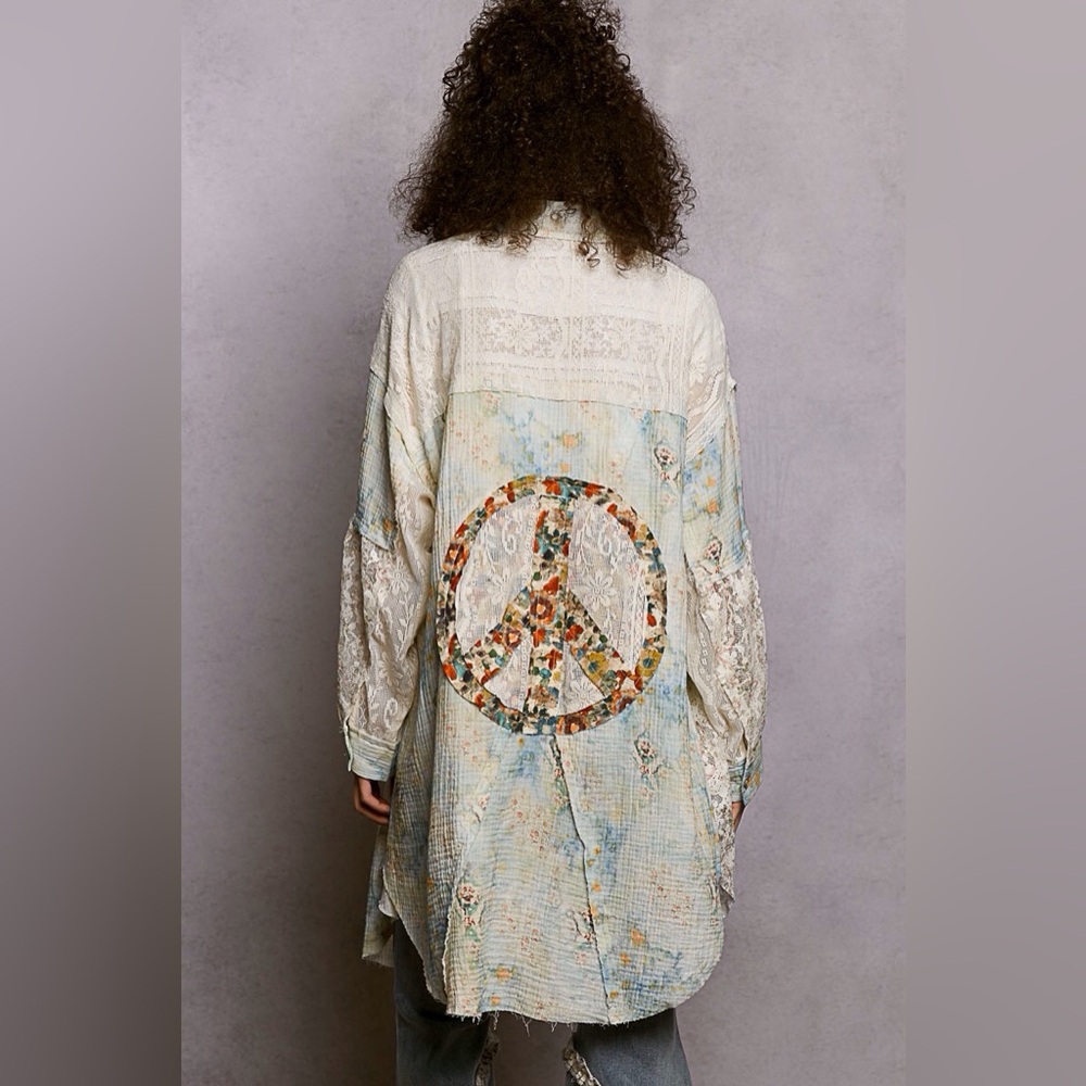 POL Long Patchwork Floral Peace Sign Tunic Jacket in Cream and Light Blue